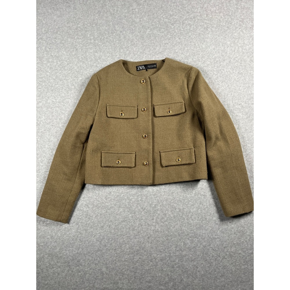 Zara Blazer Womens M Green Gold Button Cropped Old Money Capsule Parisian Luxury